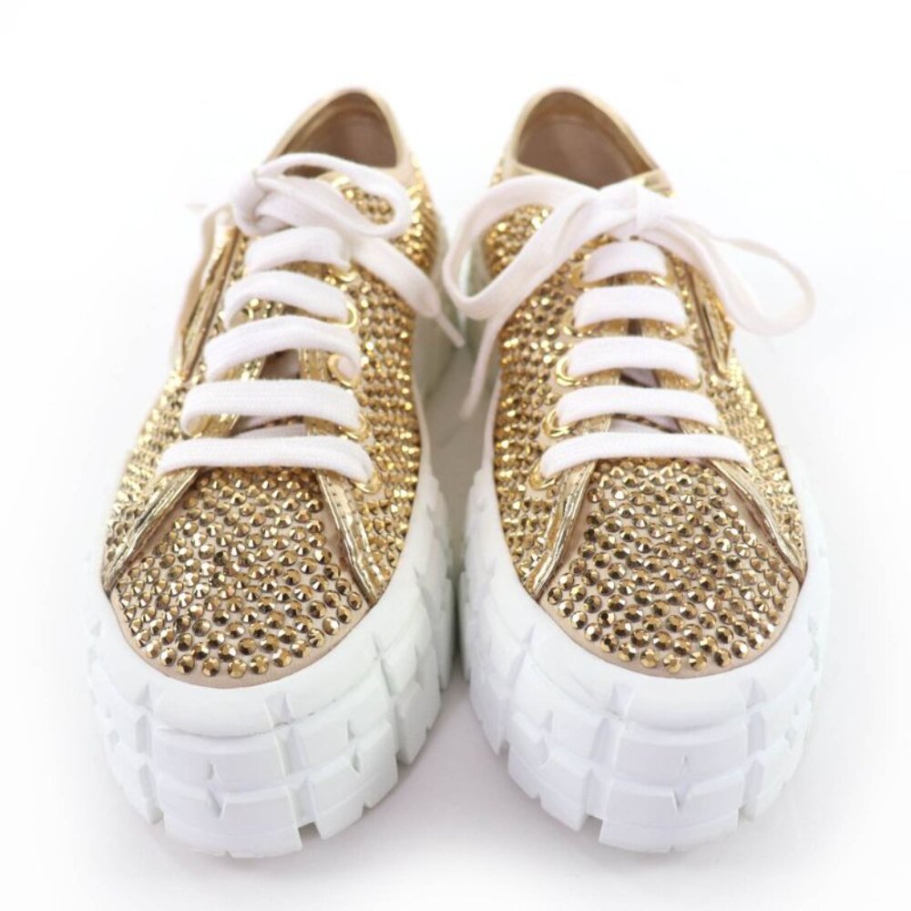 Prada Double Wheel Triangle Logo with Rhinestone Leather Low Cut Sneakers Gold - Picture 4 of 11